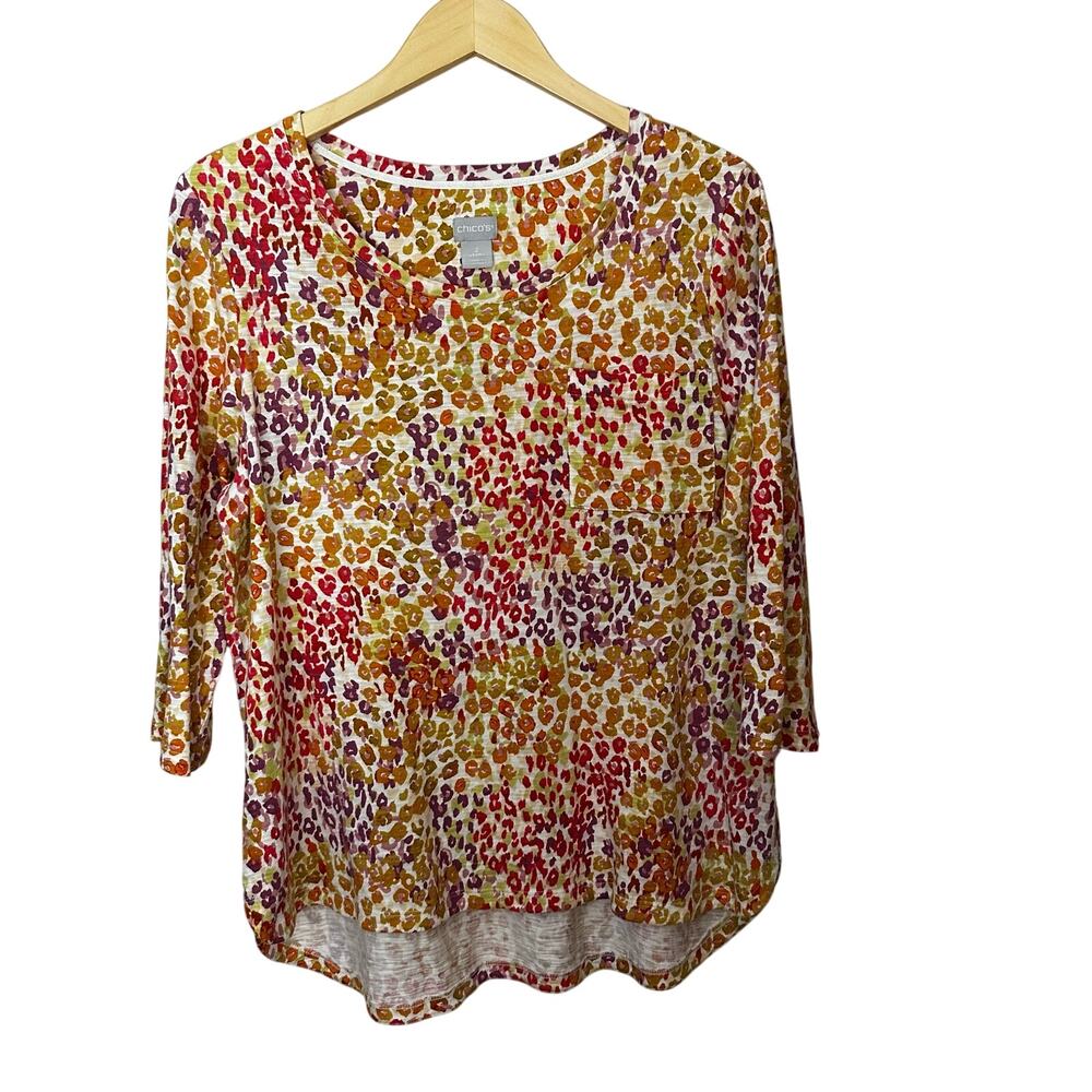 Chico’s Hi‎ Lo Pullover Top Womens Large Colorful Leopard Print 3/4 Sleeve Modal